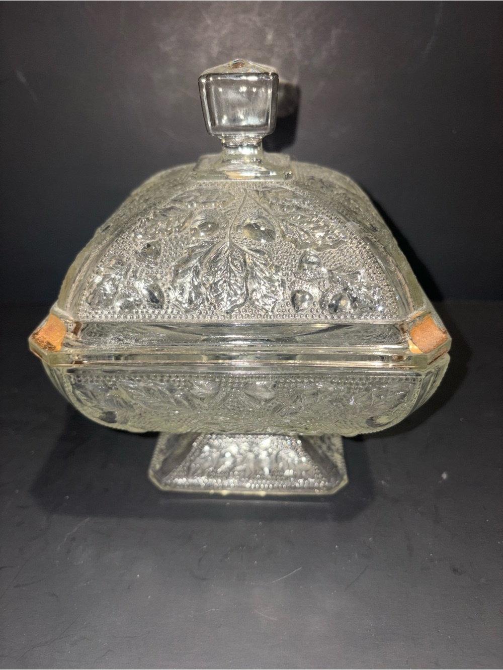 vintage Jeannette Glass lidded candy dish in the "Acorn and Oak Leaf" pattern